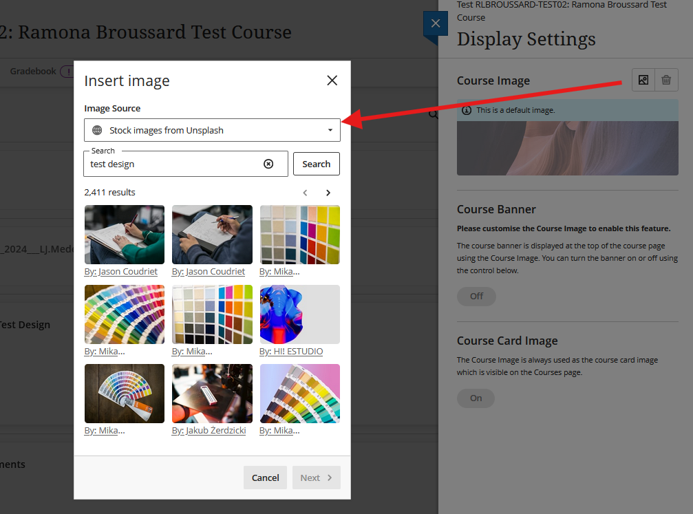 Course banner and Unplash dropdown