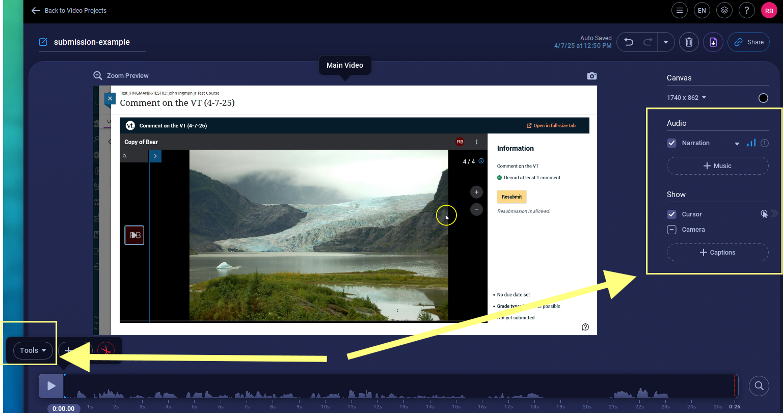 A screenshot of the Screenpal interface showing that there are menus to the right and the left