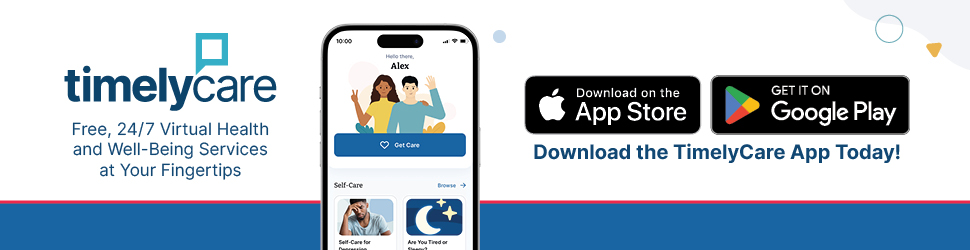 TimelyCare logo with text stating free, 24/7 virtual health and well-being services at your fingertips